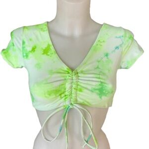 ZAFUL Lime Green Blue White Watercolour Tie Dye Cropped Swim Shirt Size 6 NWOT